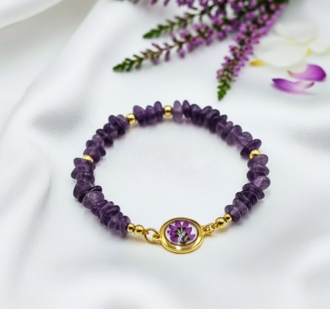 Bransoletka handmade z kamieni naturalnych – ametyst i złote detale