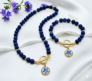 Komplet Premium - Naszyjnik i bransoletka z niezapominajką i lapis lazuli