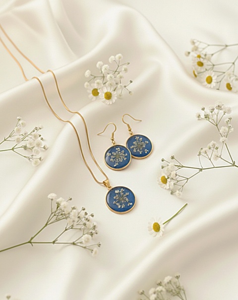 Ręcznie robiona biżuteria z żywicy – granatowy naszyjnik i kolczyki z kwiatami