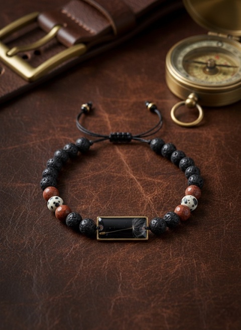 meska bransoletka z kamieniami i dmuchawcem