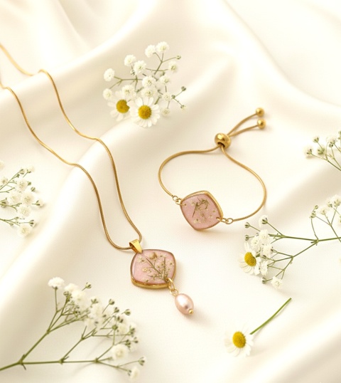 Unikalna biżuteria artystyczna – naszyjnik z żywicy z suszonymi kwiatami