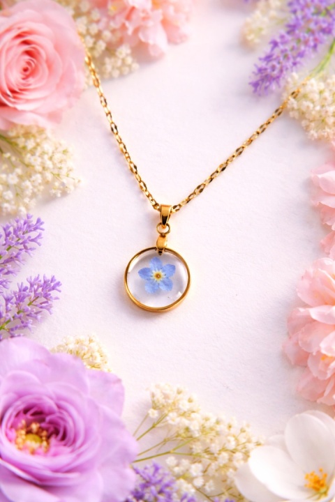 Naszyjnik z prawdziwą niezapominajką zatopioną w żywicy, biżuteria handmade ze stali chirurgicznej