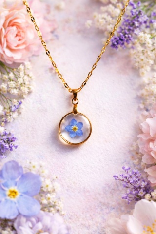 Naszyjnik z prawdziwą niezapominajką – biżuteria z żywicy i stali chirurgicznej 🌸